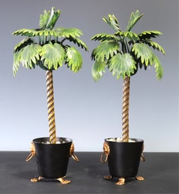Pair Vintage Painted Metal Palm Trees 20th C