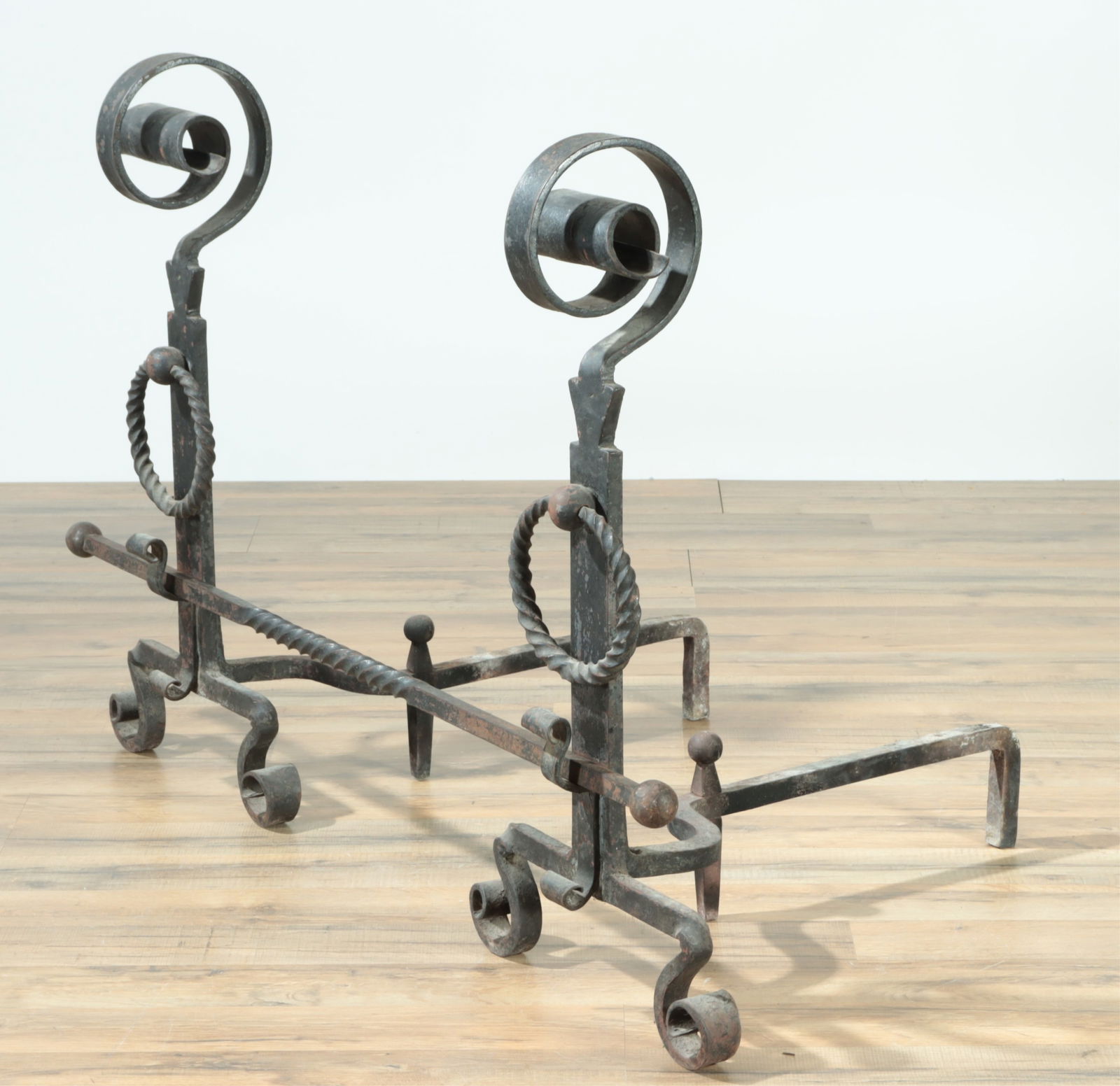 Pair Antique Wrought Iron Andirons & Bar (1 of 4)