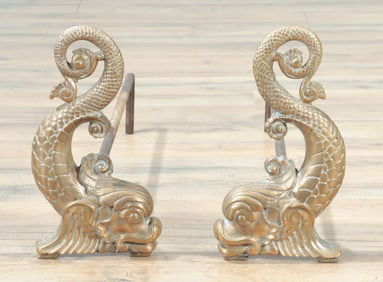 Pair Bradley & Hubbard Brass Dolphin Andirons
