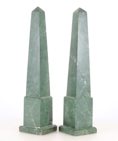 Pair Green Faux Marble Wood Obelisks 20th C