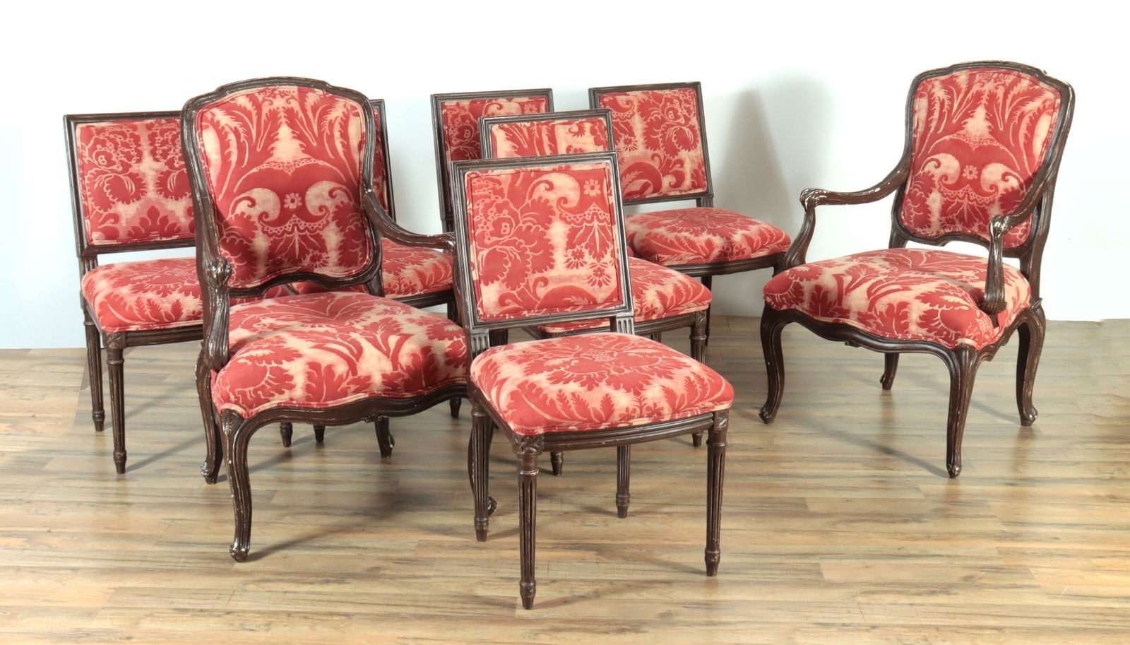 Louis XVI Style Burgundy Dining Chairs: Matched Set of 8 Louis XVI Style Burgundy Painted Dining Chairs, armchairs in Louis XV style upholstered in claret Fortuny batik (similar to Fortuny Ingrid) 34" H x 19" W x 20" D Property from a Litch