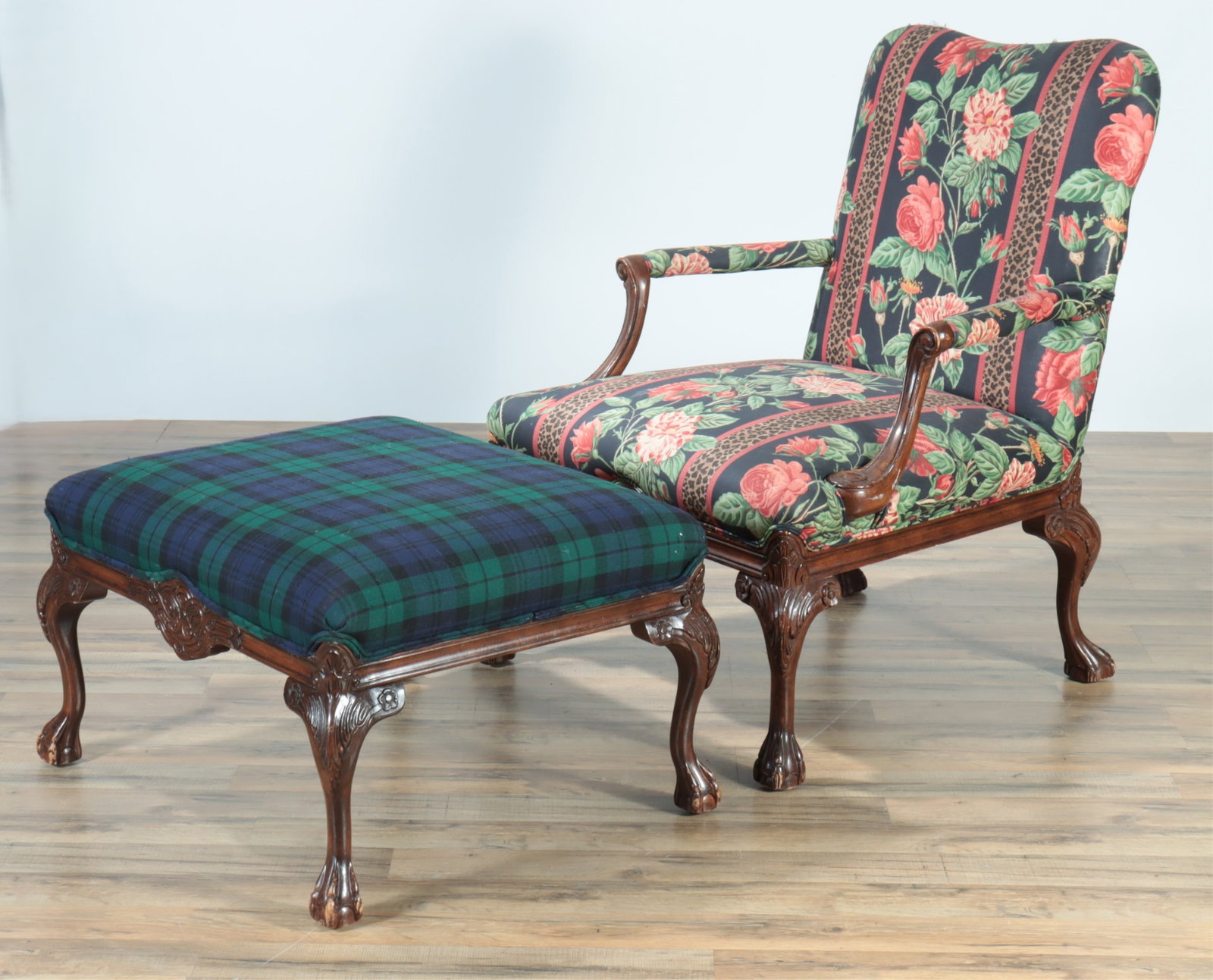 Irish Style Mahogany Library Armchair & Ottoman: Irish Style Mahogany Library Armchair & Ottoman, variously upholstered Ottoman 38.25" H x 28.25" W x 33" D Property from a Litchfield Connecticut home.