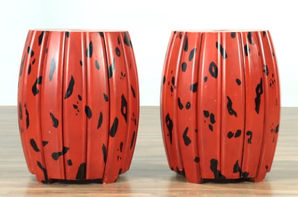 Pair Japanese Style Faux Negora Stools