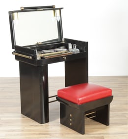 Art Deco Black Lacquer Dressing Table, Dresser Set