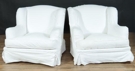 Pair Ralph Lauren Style Upholstered Wing Armchairs