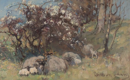 Landscape with Sheep & Flowering Tree O/B