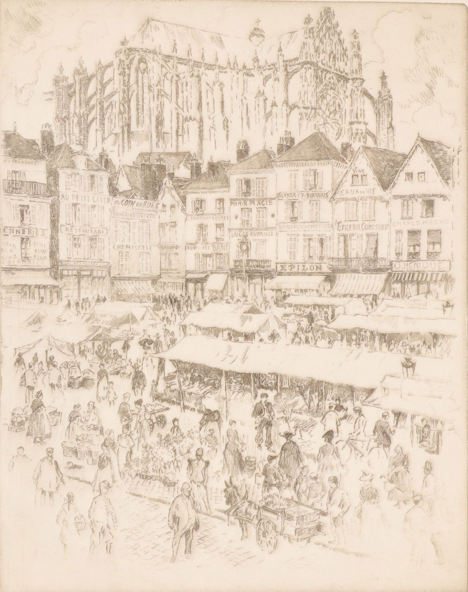 Joseph Pennell - La Place, Beauvais - Etching: Joseph Pennell, American, 1857-1926, La Place, Beauvais, 1907, proof etching, pencil signed in margin, en verso label H.V. ALLISON & CO., INC NEW YORK . includes typed notation ink signed by HV Alliso