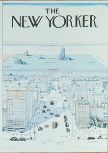 Saul Steinberg - New Yorker Poster - Signed: Saul Steinberg, Romanian-American, 1914-1999, The New Yorker, offset litho,1976, pencil signed with notation to his literary agent "To Wendy with true love, Saul ST Oct 76'" 29 1/8 x 41 3/4 From the C