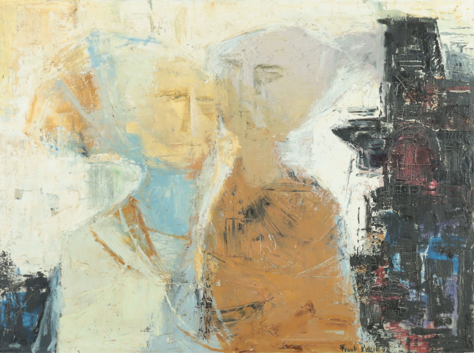 Frank Russell - The Whispers - O/C: Frank Russell, American, 1921-1988, The Whispers, oil on canvas, signed and dated 55' lower right. Note: Frank Russell is the husband of notable mid-century Indian Space Painter Gertrude Russell. He h