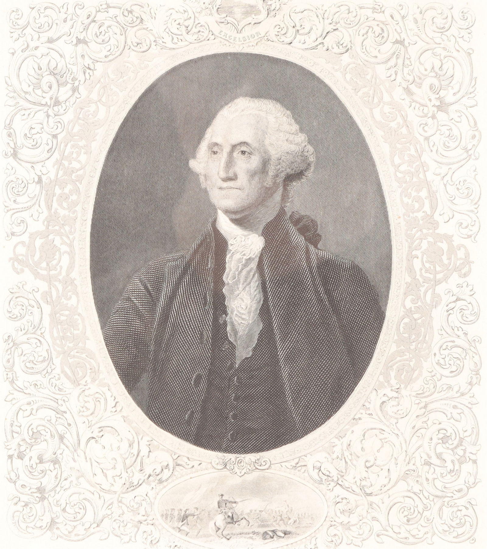 George Washington Excelsior Trenton Edwards: George Washington Excelsior, Trenton, engraving by Edwards, after Gilbert Stuart, circa 1850, matted and framed. Frame: 13 7/8" H x 11 5/8" W Property from a Washington, CT collection.