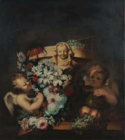 Large Flemish School Style Still Life, Putti O/C