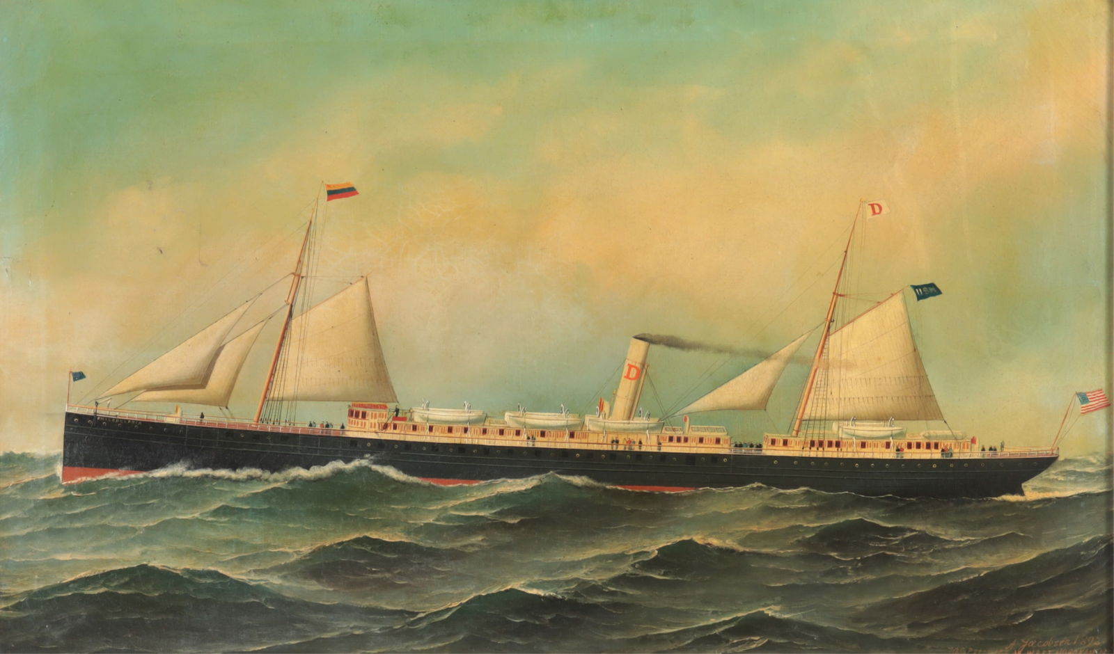 Antonio Jacobsen - Steamship Philadelphia, O/C: Antonio Jacobsen (Danish/American, 1850-1921). Steamship Philadelphia, oil on canvas, signed and dated lower right A. Jacobsen 1892, 70 Palisade Ave., West Hoboken NJ. Sight 21.25" H x 35.25" W, Frame