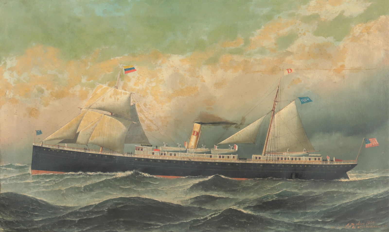 Antonio Jacobsen - Steamship Caracus, O/C: Antonio Jacobsen (Danish/American, 1850-1921). Steamship Caracus, oil on canvas, signed and dated lower right A. Jacobsen 1889, 105 Philadelphia Ave., West Hoboken NJ. Sight 21.5" H x 35.5" W, Framed