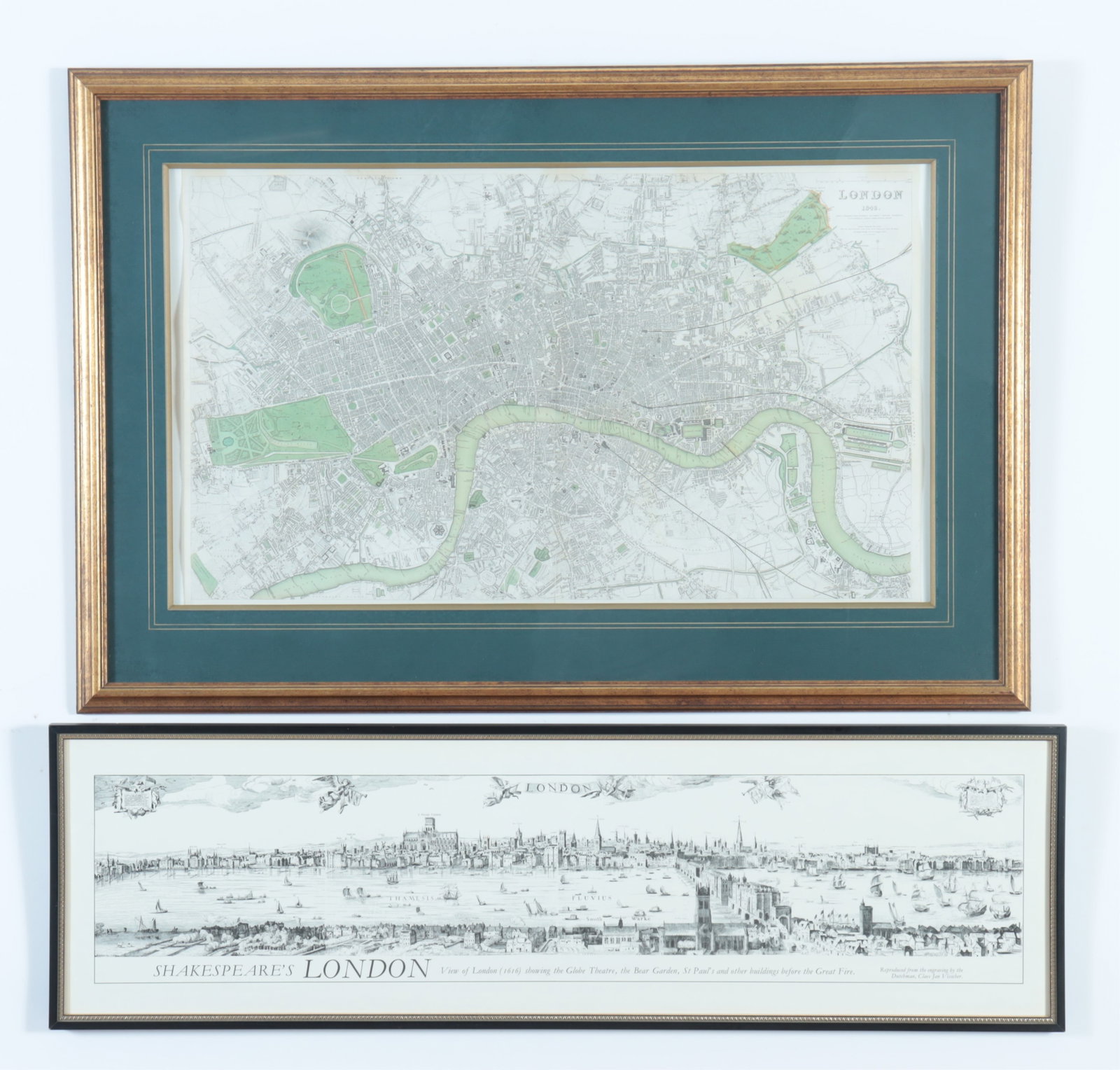 London City Map 1843 & Shakespeare's London 1616: Two Maps of London, includes Shakespeare's LONDON, View of London 1616 along with a steel engraved map, c. 1843, by B.B. Davies 16 George Street, Euston Square Shakespeare framed 10 7/8 x 35 7/8 and L