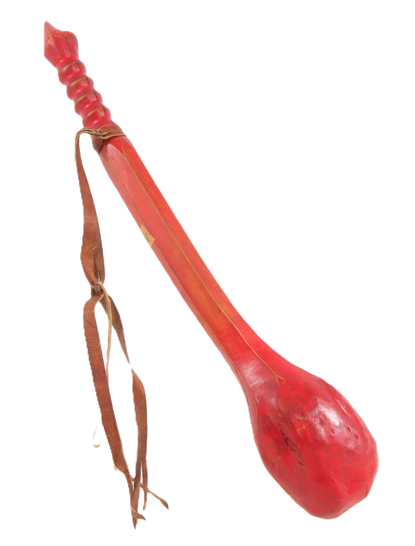 Native American Red Painted Club: Native American carved and red-painted wood club, pencil inscribed "Onandaga 9-75", with hide strap, faceted and turned handle. 21" L X 3.5" W Property from a private Manhattan collection.