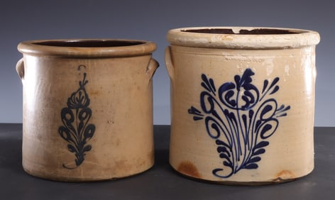 Two Cobalt Decorated Stoneware 2-Handle Crocks