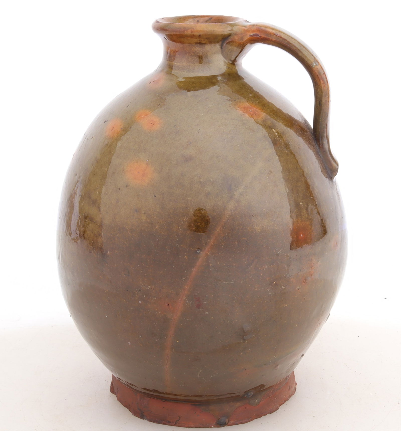 Redware Jug, Maine, E/M19: Glazed redware jug, Maine, early to mid 19th Century. Provenance: Acquired at Crocker Farm, Spring 2022, lot 315 9" H Property from the Estate Collection of Jeff Trundy, Washington, CT and Augusta, ME