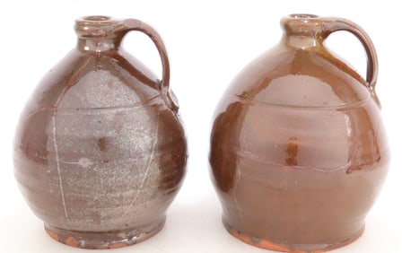 Two Similar Redware Jugs, New England, 19C