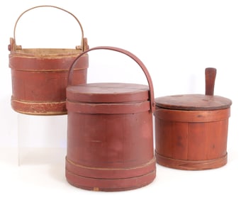 Three Red Painted Wooden Buckets