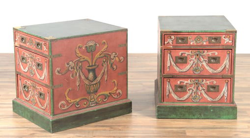 Pr Classical Style Red Painted Polychromed Tables