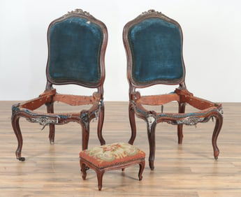Pair Louis XV Side Chairs & Needlepoint Stool
