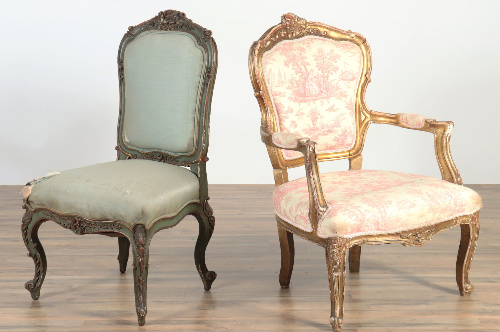 Louis XV Style Gilt Fauteuil and Painted Chaise: Louis XV Style Gilt Fauteuil and Painted Chaise, fauteuil in red and white cotton 38.75" H x 26" W x 26' D Property from a Northwest Connecticut collection.