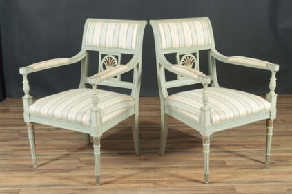 Pair Louis XVI Style Green Painted Fauteuils