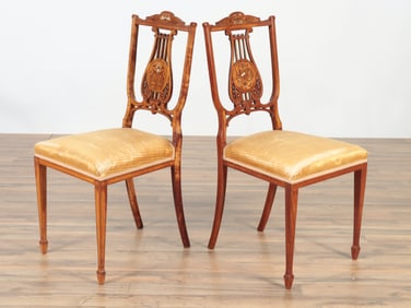 Pair Edwardian Inlaid Satinwood Side Chairs