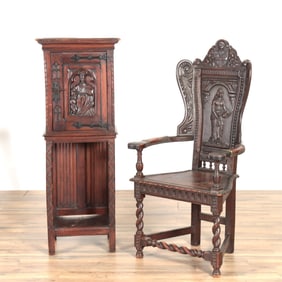 Baroque Revival Oak Armchair and Cabinet