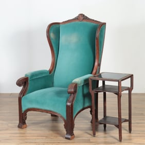 Art Nouveau Upholstered Wing Chair and Side Table