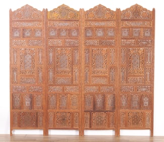 Southeast Asian Carved Teak 4 Panel Screen