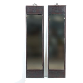 Pair of Tall Chinese Deco Wood Carved Mirrors