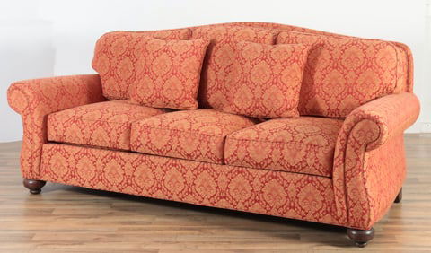 Ethan Allen Red Damask Roll Arm Sofa