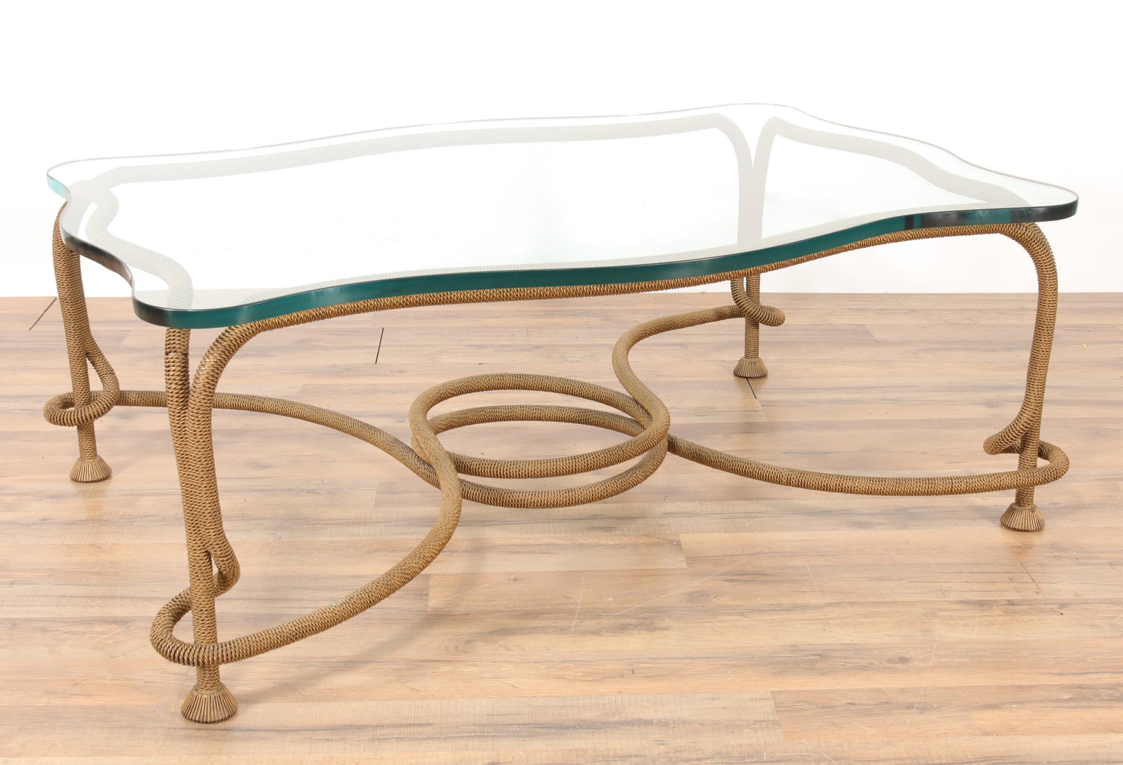 Emilio Rey, Bronze Woven Cord Coffee Table: Emilio Rey, Bronze Woven Cord Coffee Table (Spanish, 1934-1988) 17" H x 45" W x 33" D