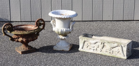 Two Classical Garden Urns and Cement Planter