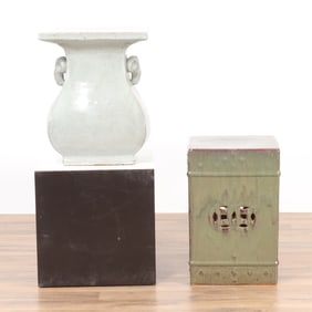 Two Chinese Green Glazed Pottery Garden Stools