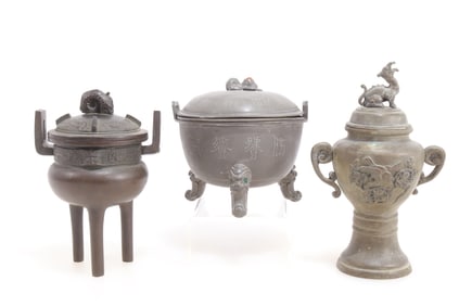 Chinese Pewter Double Bowl and Incense Burners