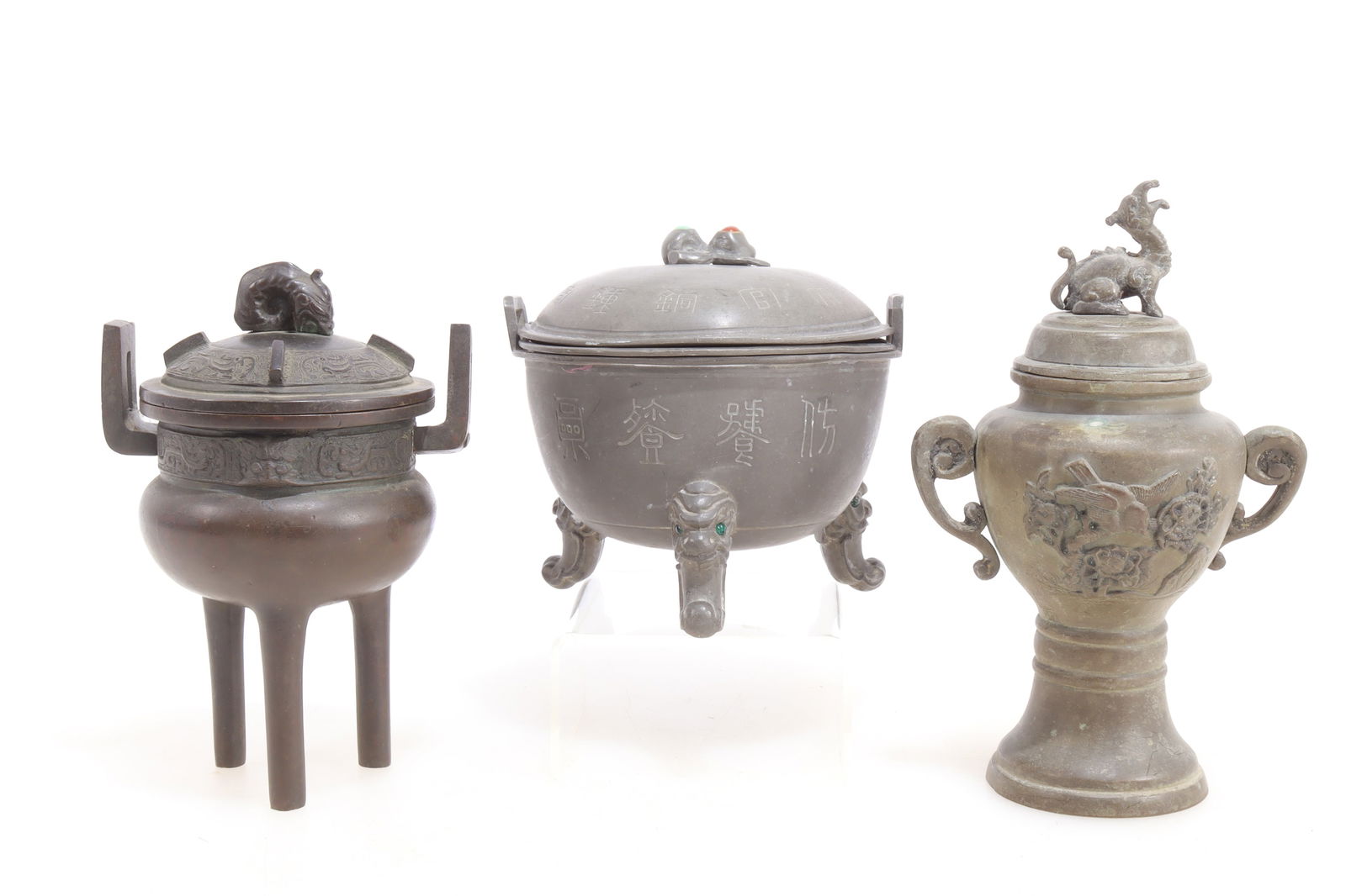 Chinese Pewter Double Bowl and Incense Burners: Two cast metal incense burners, stamped japan. Chinese pewter double bowl, marked on bottom. Incense 8.5" H x 5.5" Dia. 7" H x 5" W. Bowl 5" H x 6" Dia Property from a Roxbury, Connecticut estate.