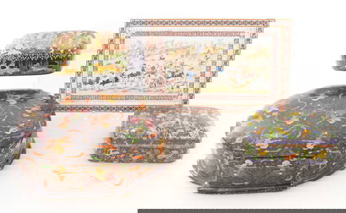 Persian Lacquer Boxes & Painting: Three Persian lacquer and painted boxes, 20th century. Offered along with a Persian painted miniature of a polo match in a mosaic frame. Boxes 4.5" H x 12.5" W x 9" D and 2.5" H x 7" W x 4.5" D. Paint