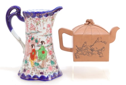 Two Asian Teapots Clay & Porcelain, marked