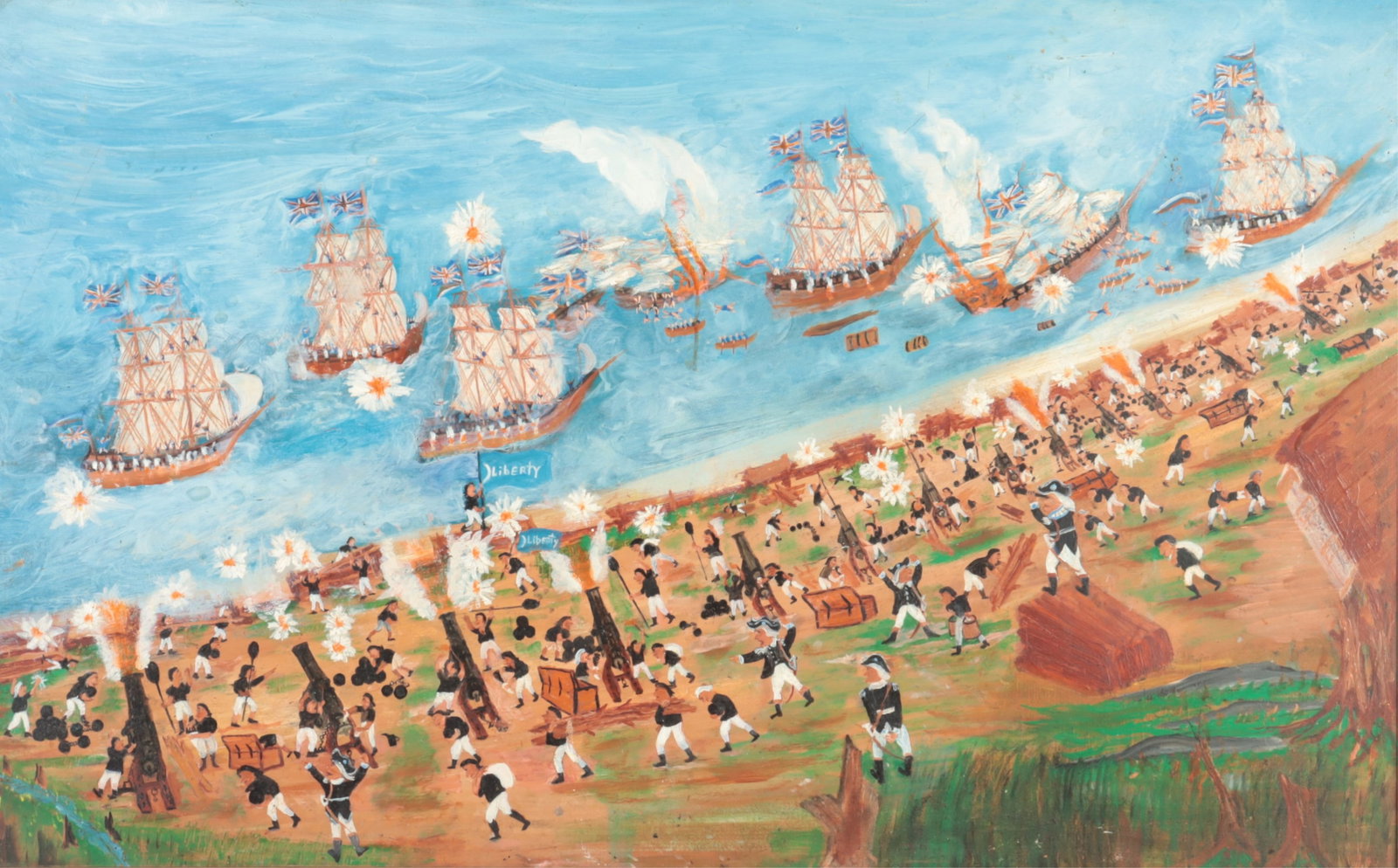 Besozzi, Outsider Art - Battle of Sullivans Island: Charles Besozzi, American, 1904-1997, The Battle of Sullivan's Island 1776, paint on wood panel board. The Battle of Sullivan's Island took place in June of 1776 in Charleston, South Carolina. Colonel