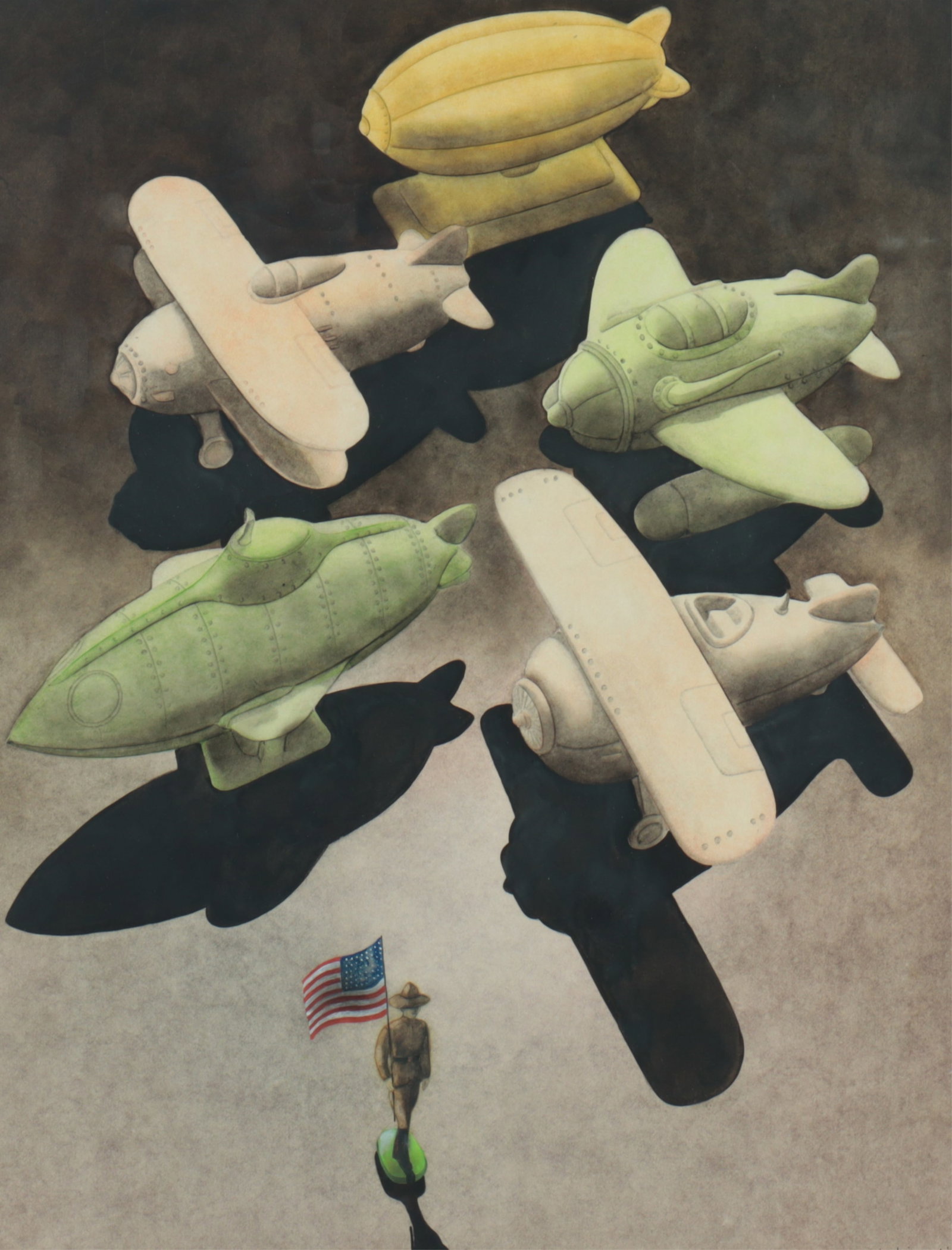 Gio Biondi - Arsenal of Democracy: Gio Biondi (Italian 1932-2015) Arsenal of Democracy W/C. Signed lower right Site - 25.5" H x 19.5" W Frame 34.25" H x 28.5" W