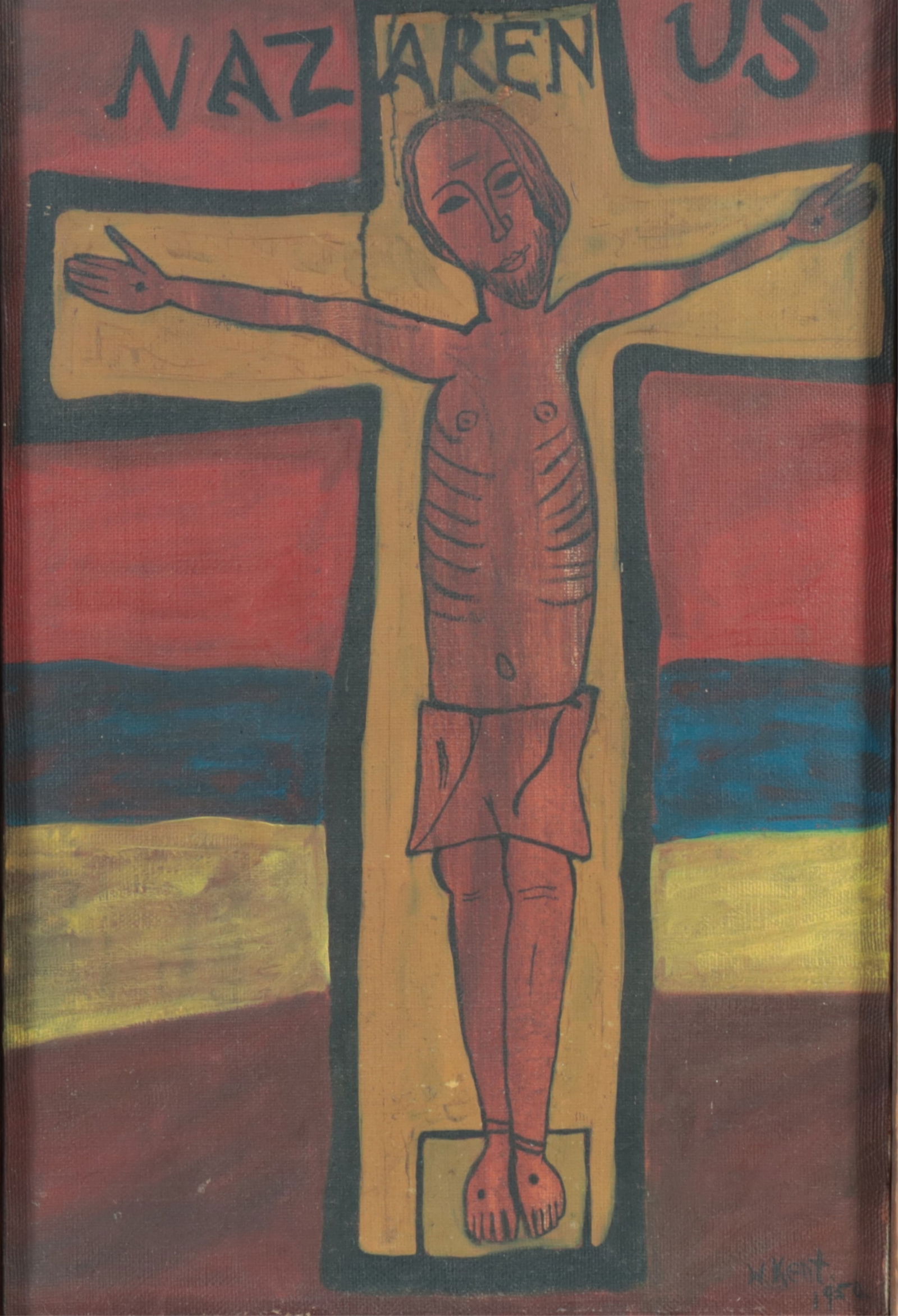 William M. Kent - Nazaren US - O/C: William M. Kent, American, 1919-2012, Nazaren US, oil on canvas in artists made frame, signed and dated 1950 lower right Sight 30 3/8 x 20 1/8, framed 35 1/2 x 25 1/4 Collection of Richard Castellane