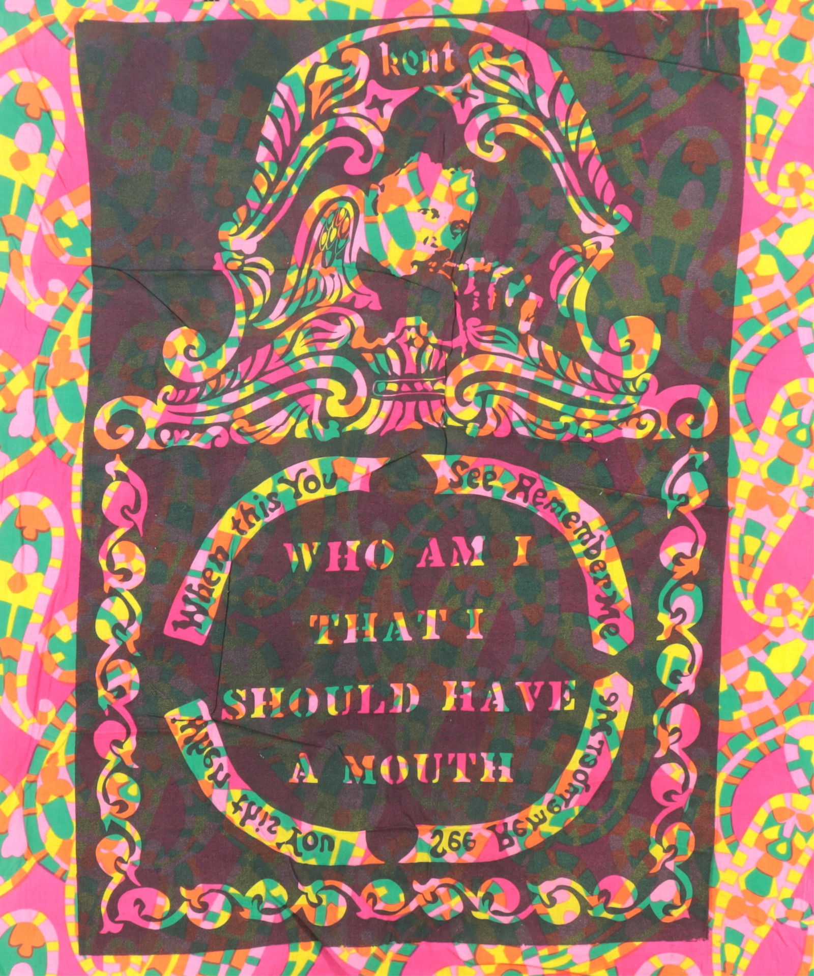William M. Kent - WHO AM I - slate on fabric: William M. Kent, American, 1919-2012, KENT - WHO AM I THAT I SHOULD HAVE A MOUTH, slate print on fabric,unsigned 46 x 58 Collection of Richard Castellane - Castellane Gallery Manhattan