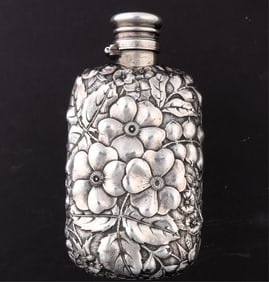 Gorham Sterling Silver Floral Repousse Flask, 1887