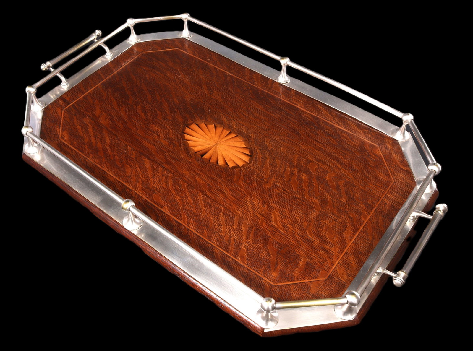 Inlaid Mahogany Stained and Silver Tray: Mahogany stained Inlaid Tray with unmarked Silver Banding and Handles. Kentshire label on verso 25.5" W x 15.75" D x 3" H