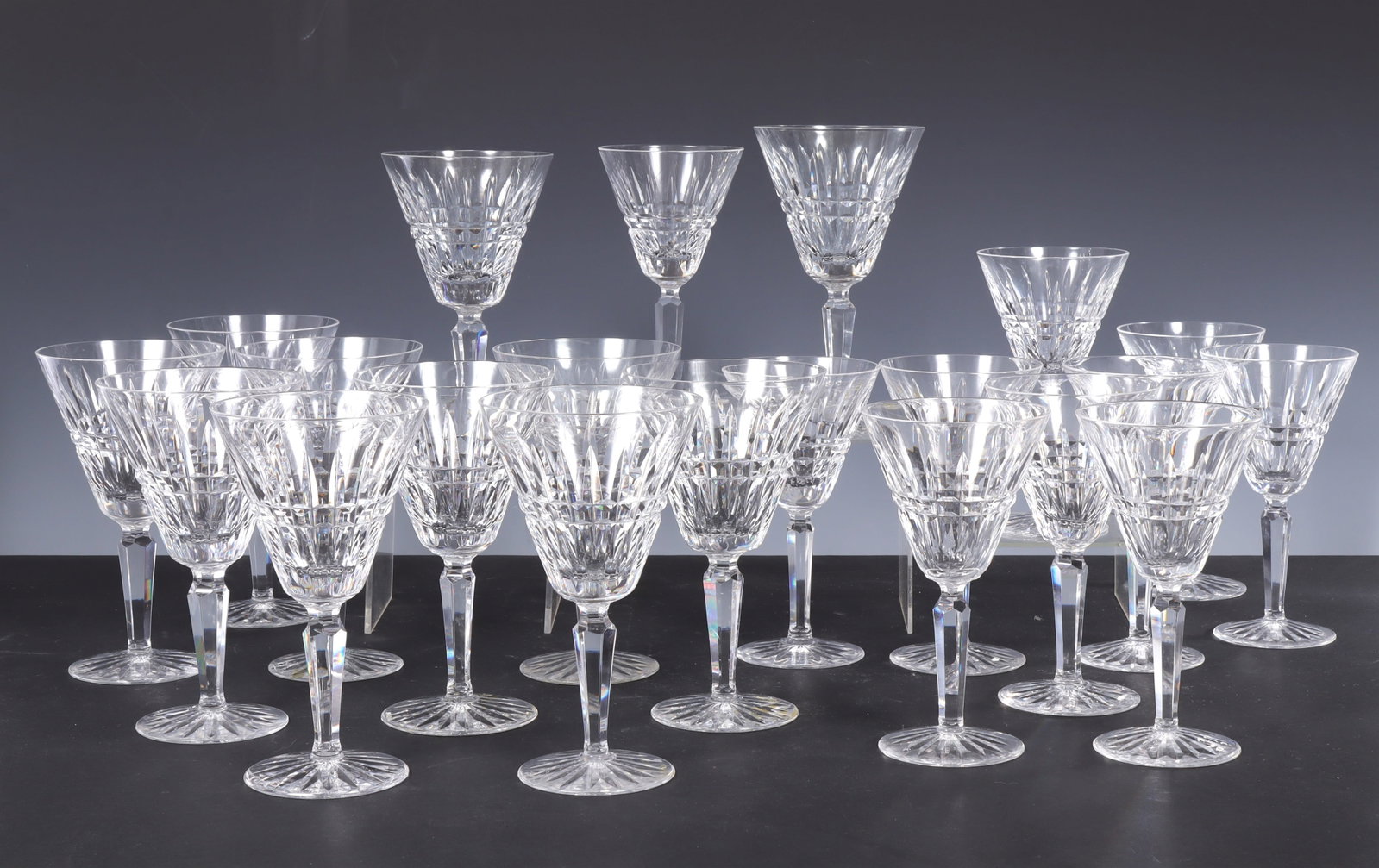 Waterford Crystal Cut Wine Glasses: Set of 21 Waterford Crystal Cut Glass. Etched on bottom. 11 Red Wine, 10 White Wine glasses. Red - 4" Dia x 7" H White - 3.5" Dia 6.5" H Property from a Litchfield, CT home.