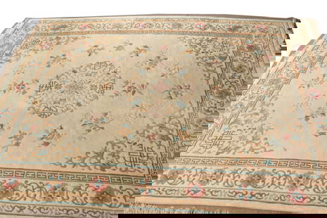 Chinese Wool Carpet 11-8 x 9: Chinese sculpted wool carpet, off white ground throughout, central round medallion with pale tan, blue, rose and green floral motifs 11' 8" x 9' Property from the estates of Thomas Johnson Hubbard and