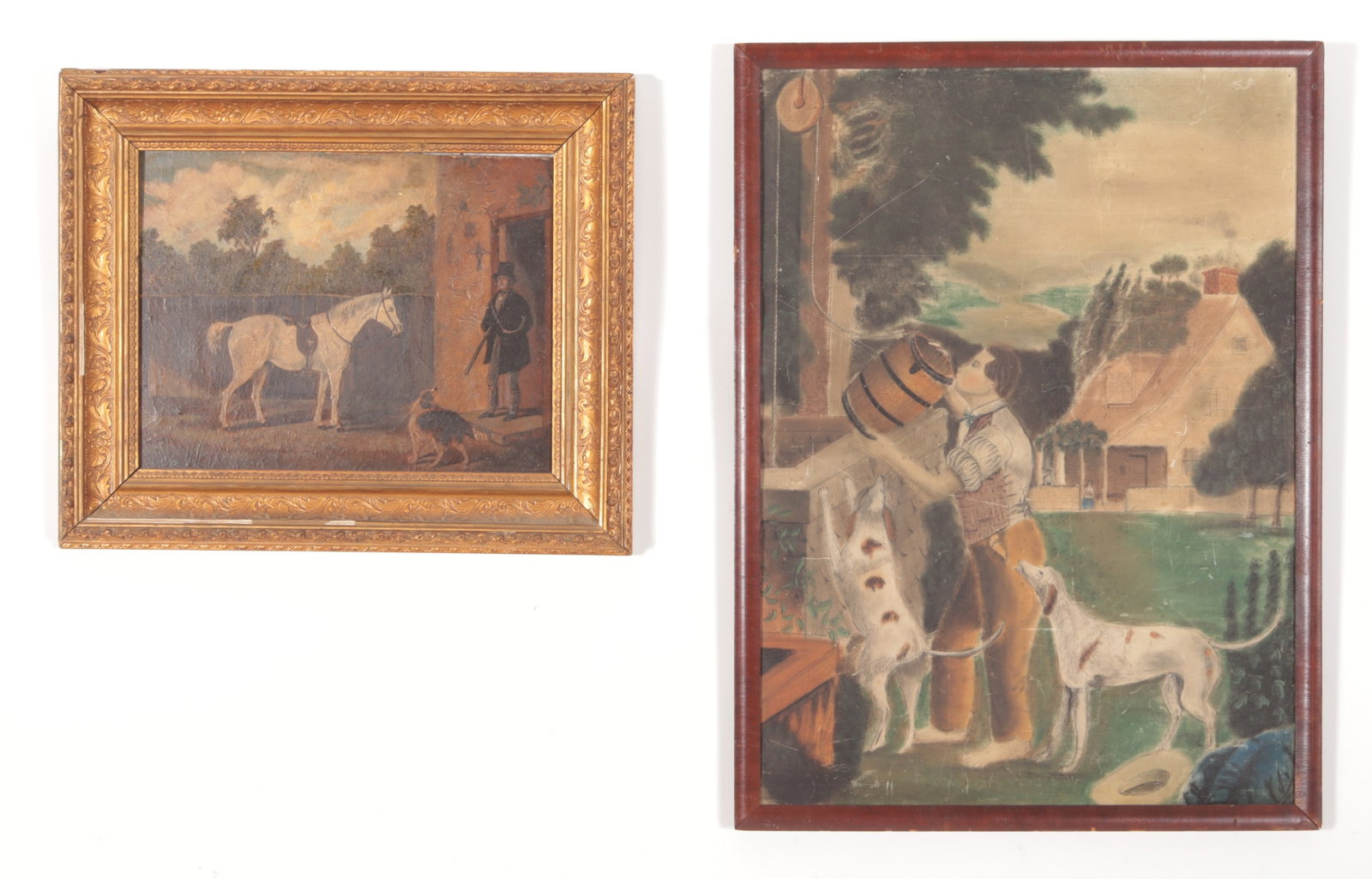 Genre Paintings - American and English School: After known artist' images. Oil on paperboard boy and dogs at well, framed. Oil on board groom, horse, dog, illegible label (London) verso, ornate gessoed and gilt frame. 25.5" x 19" overall paperboar