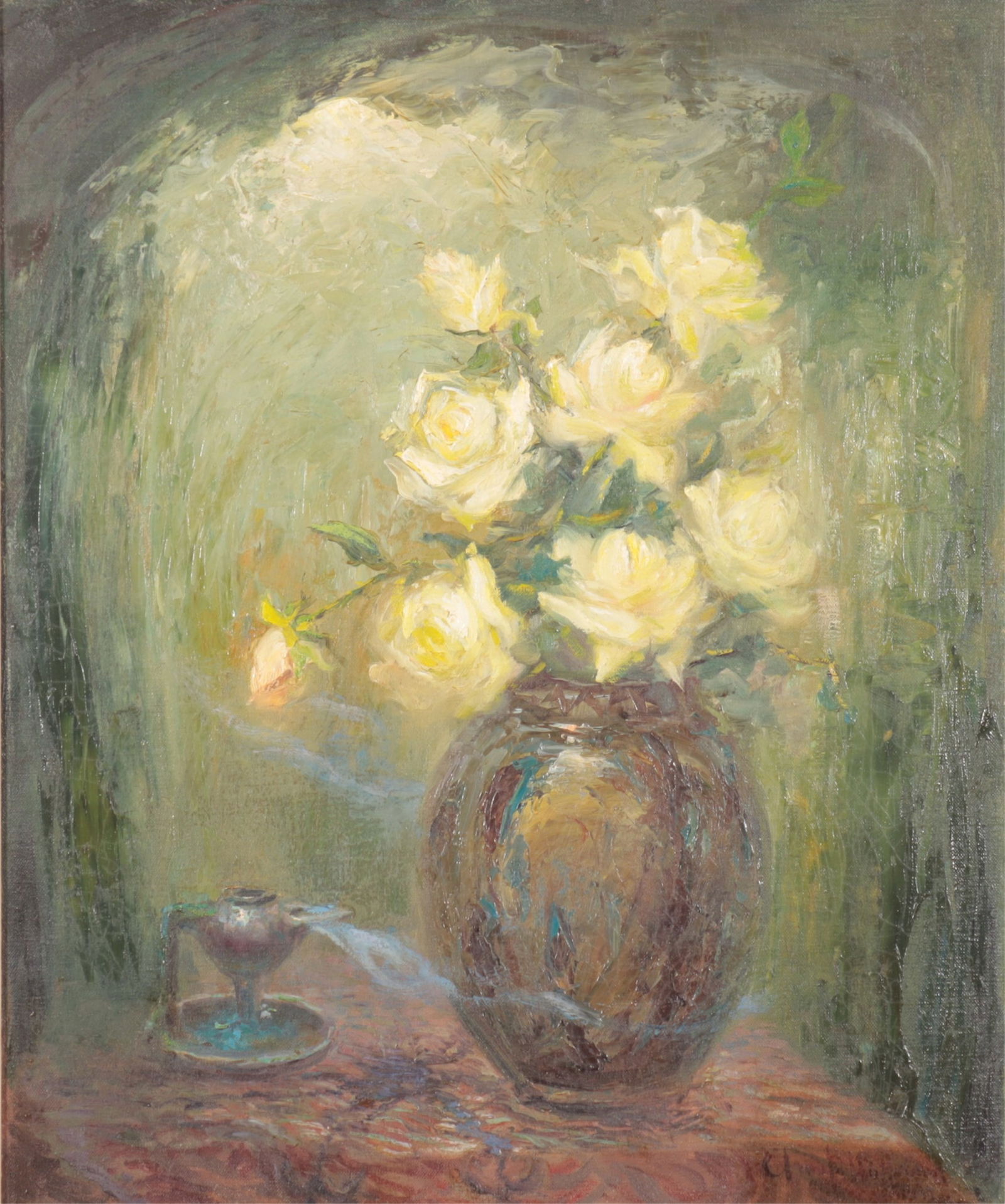 Arnold Hoffman - Floral Still Life - O/C: Arnold Hoffman, Odessa/Ukraine/NYC, 1886-1966, Floral Still Life, oil on canvas, signed lower right sight 23 1/2" x 19 3/4", framed 30" x 26 1/4" From a Kent Connecticut Home